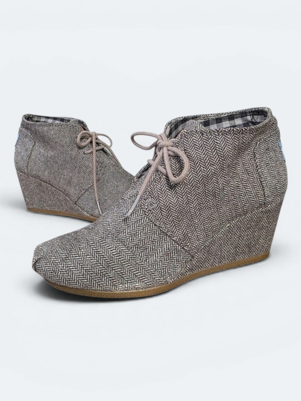 Tom's Desert Herringbone Wedges Size 7.5 Gray Wedge Ankle Boots Lace Up